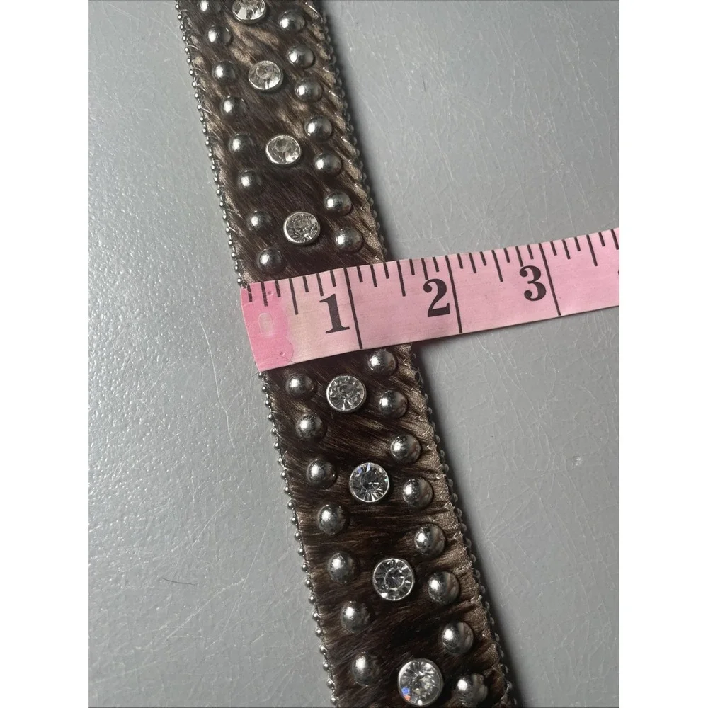 Nocona Belt Co. Mens Western Leather Brown Fur Silver Crystal Gem Belt No Buckle